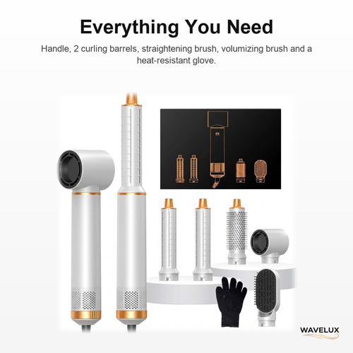 Everything in the box: handle, 2 curling barrels, straightening brush, volumizing brush, glove